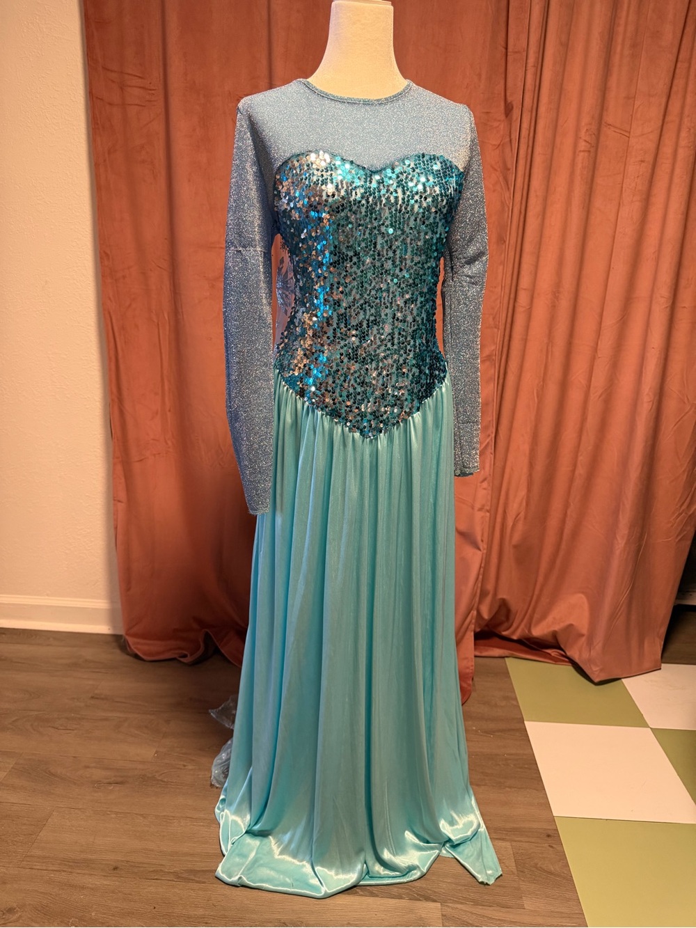 Disney Elsa from frozen Teal Sequin Bodice Long Sleeve Evening Gown